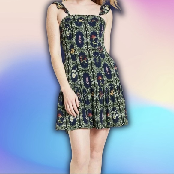 Agua Bendita for Target Navy Blue Floral Tile Print Ruffled Mini Dress Size S - Picture 3 of 16